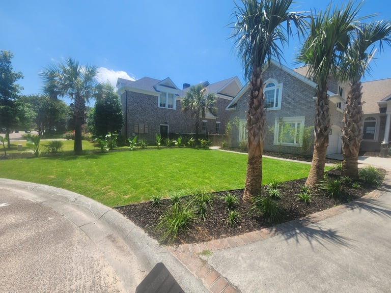 Two-story brick house with manicured lawn, palm trees, and driveway on a sunny day